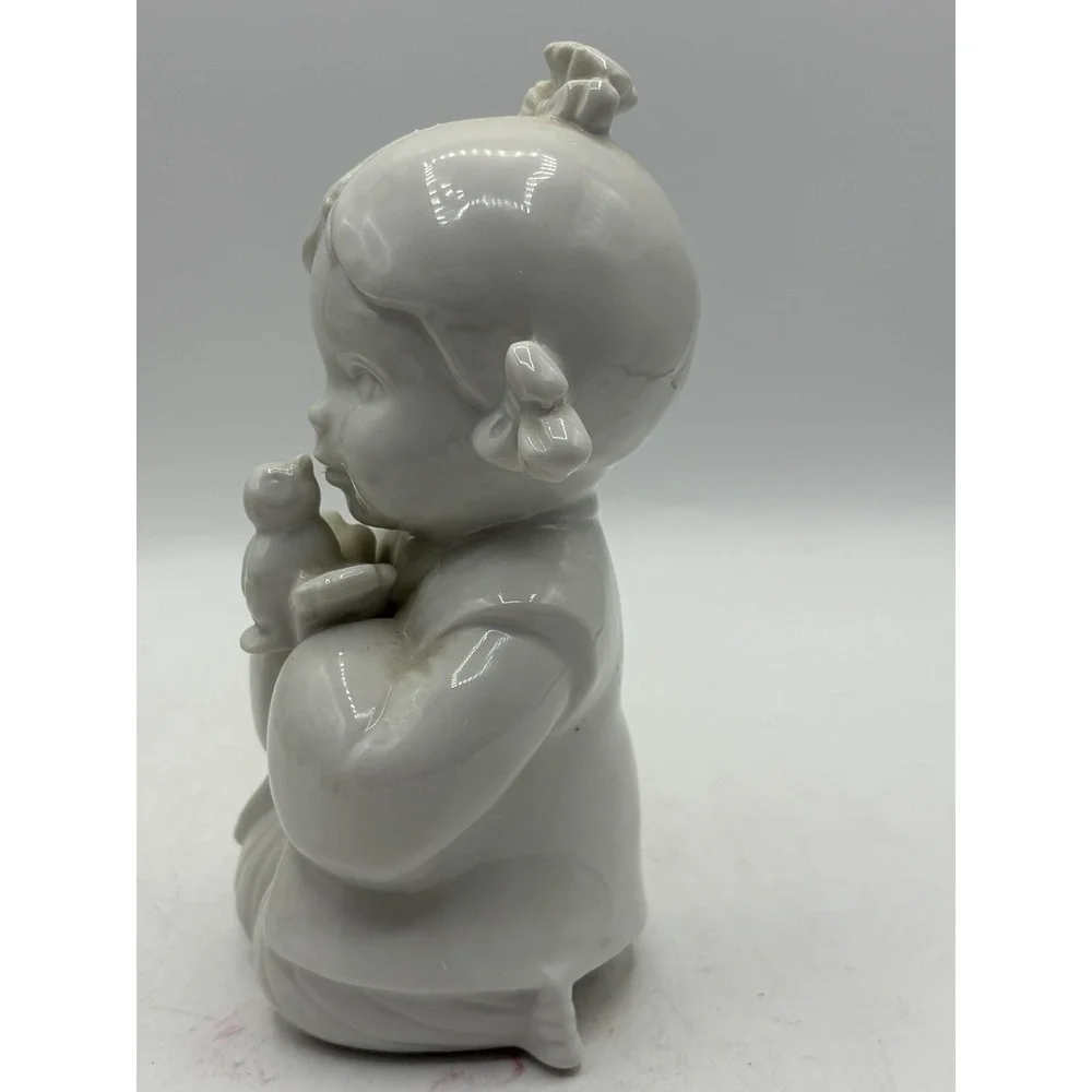 Vintage White Porcelain Girl Holding Bird Figurine 6